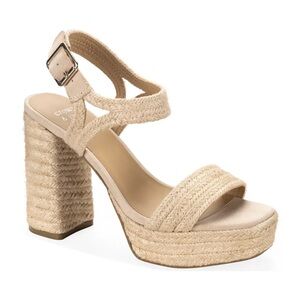 Cream Jute straw woven open toe thick block heeled sandals